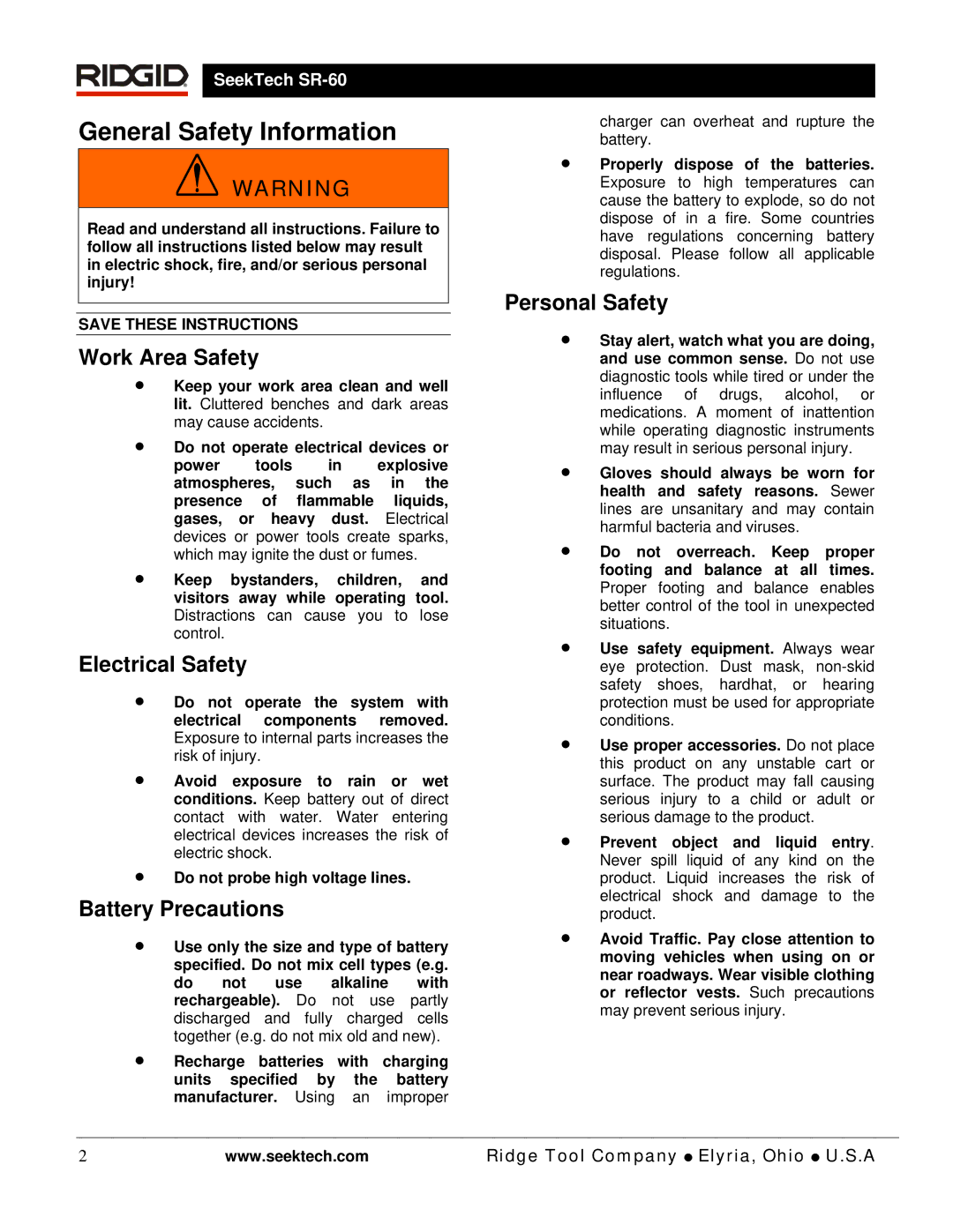 RIDGID SR-60 manual General Safety Information, Work Area Safety, Electrical Safety, Battery Precautions, Personal Safety 