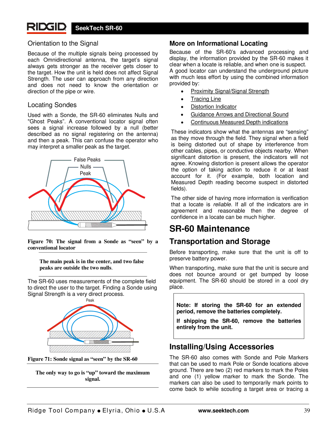 RIDGID SR-60 Maintenance, Transportation and Storage, Installing/Using Accessories, More on Informational Locating 