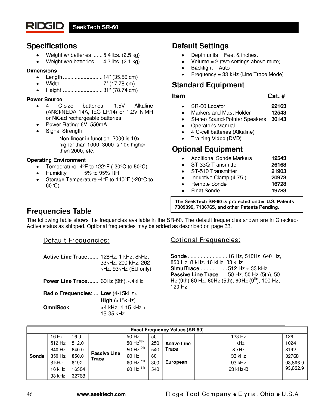 RIDGID SR-60 manual Specifications, Frequencies Table Default Settings, Standard Equipment, Optional Equipment, Cat. # 