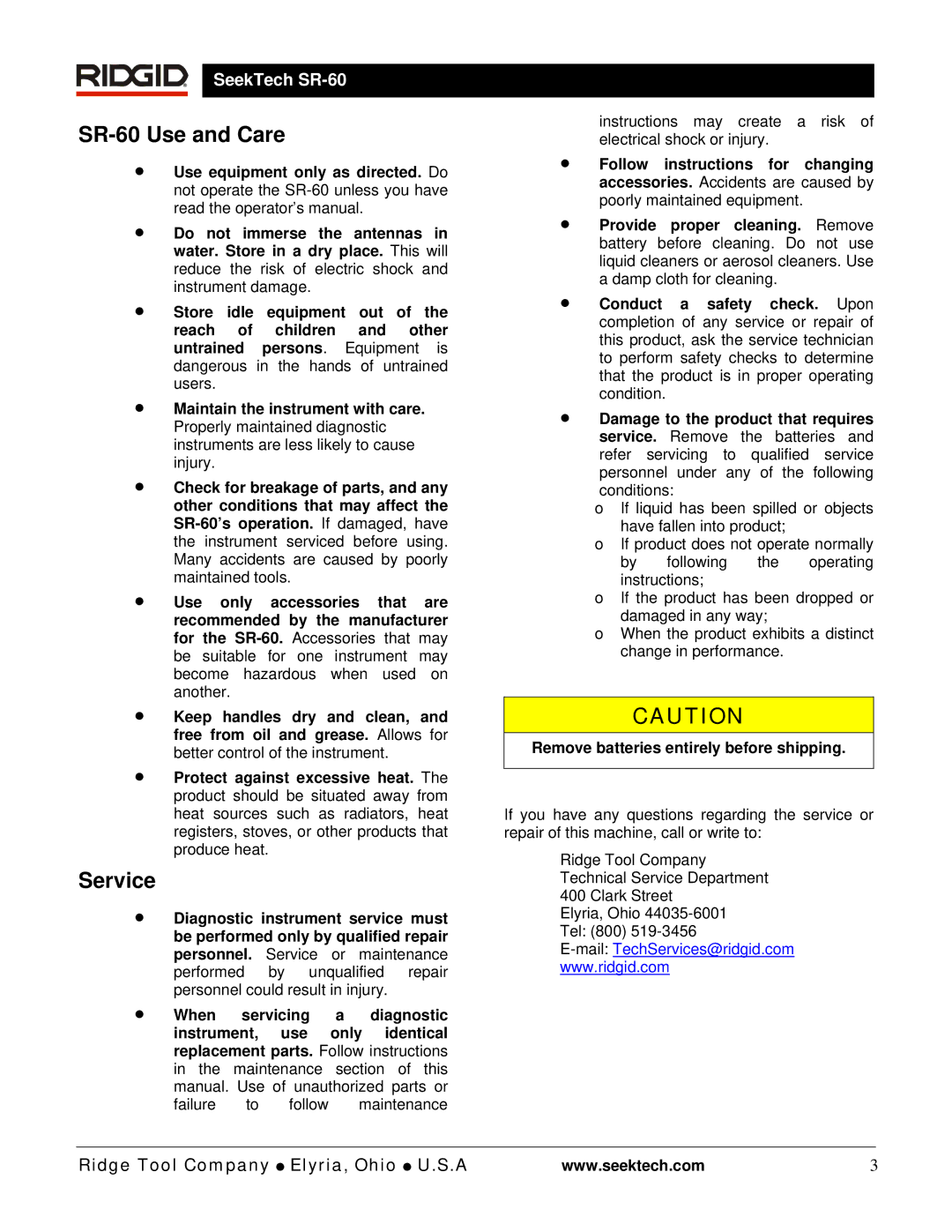 RIDGID manual SR-60 Use and Care, Service, Remove batteries entirely before shipping 