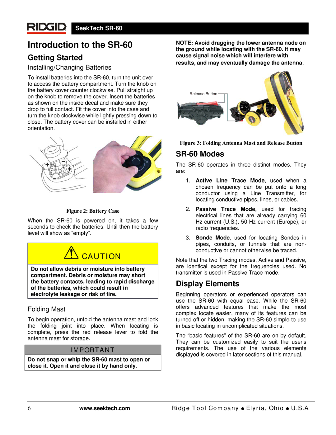 RIDGID manual Introduction to the SR-60, Getting Started, SR-60 Modes, Display Elements 