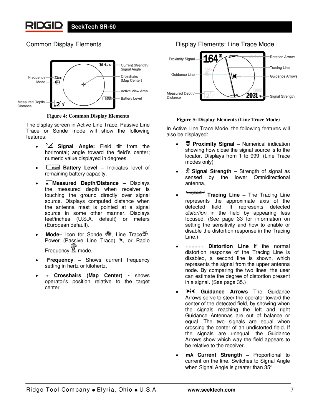 RIDGID SR-60 manual Common Display Elements Display Elements Line Trace Mode 