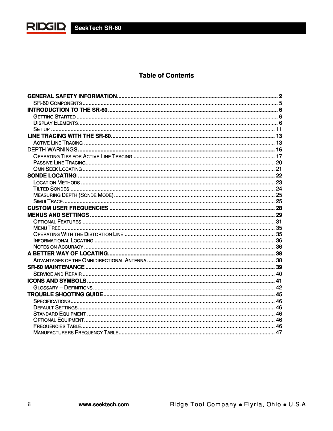 RIDGID manual Table of Contents, SeekTech SR-60 