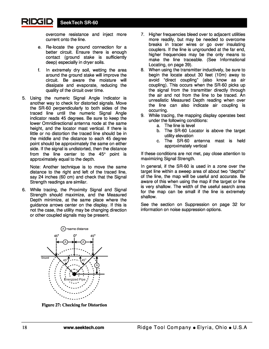 RIDGID manual Checking for Distortion, SeekTech SR-60 