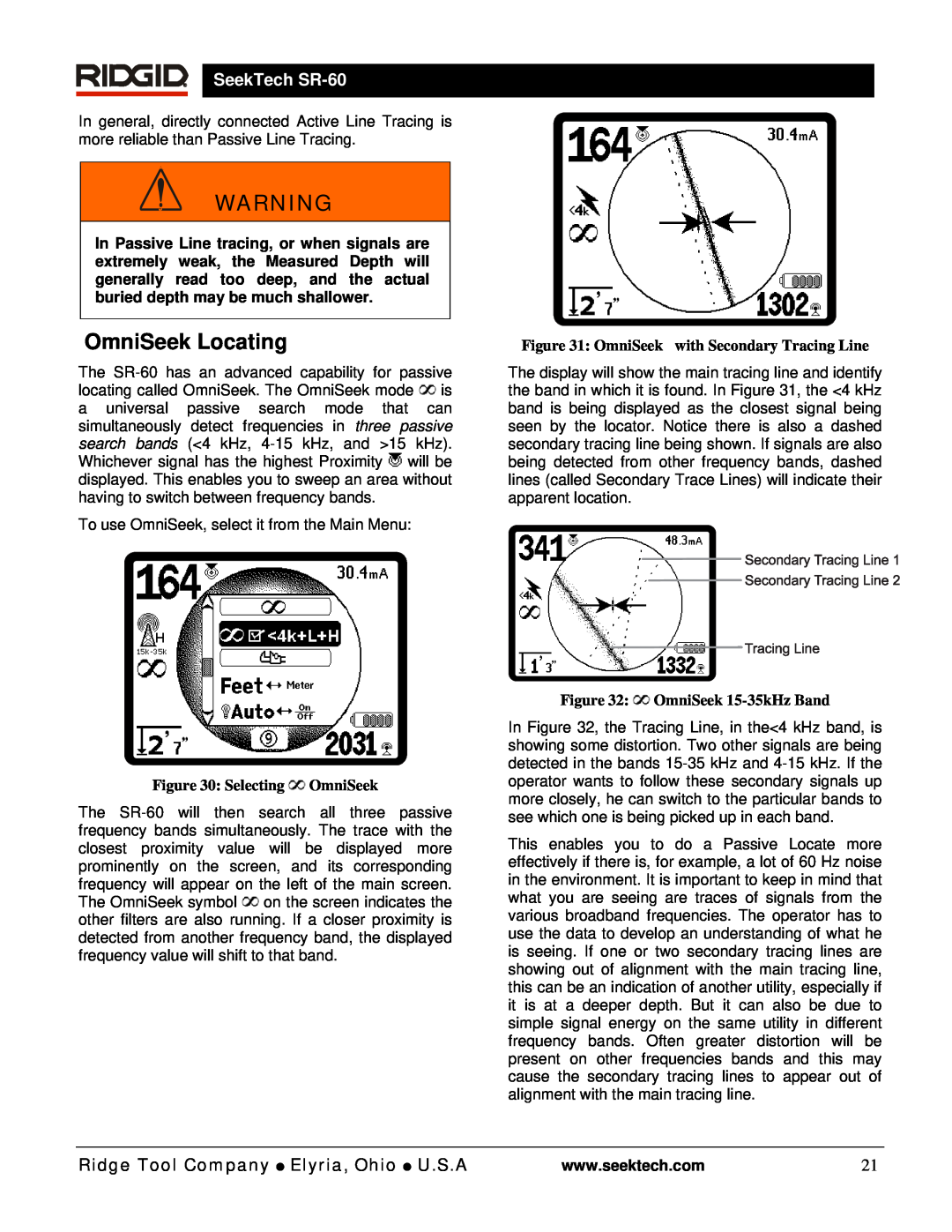 RIDGID SR-60 manual OmniSeek Locating, Selecting OmniSeek, OmniSeek with Secondary Tracing Line, OmniSeek 15-35kHz Band 