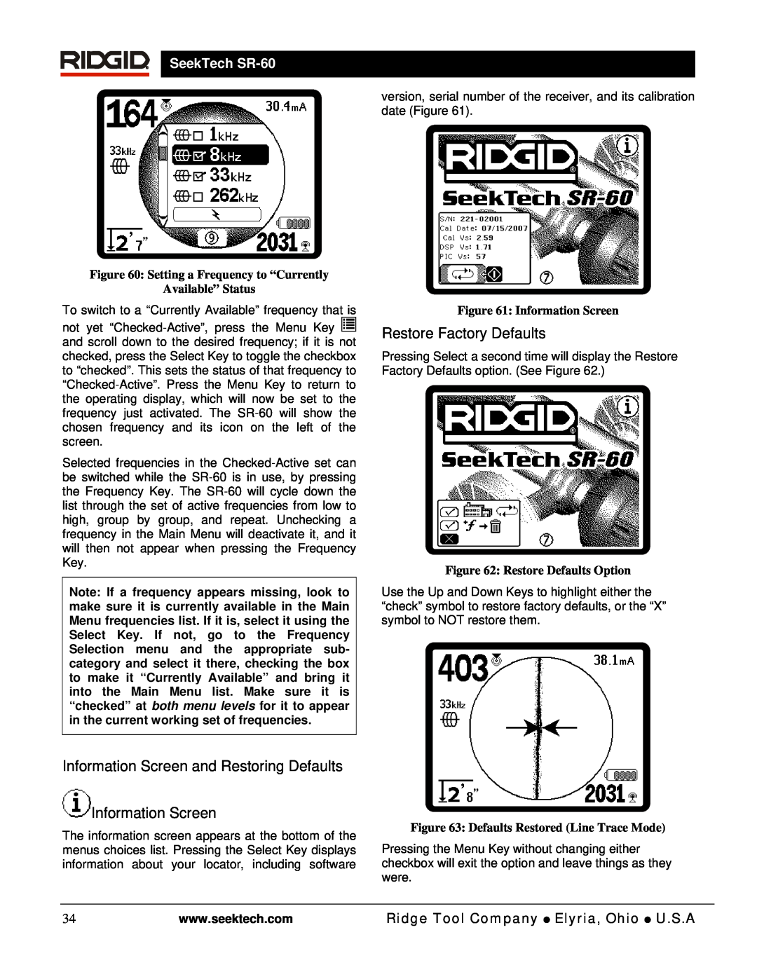 RIDGID manual Information Screen and Restoring Defaults Information Screen, Restore Factory Defaults, SeekTech SR-60 