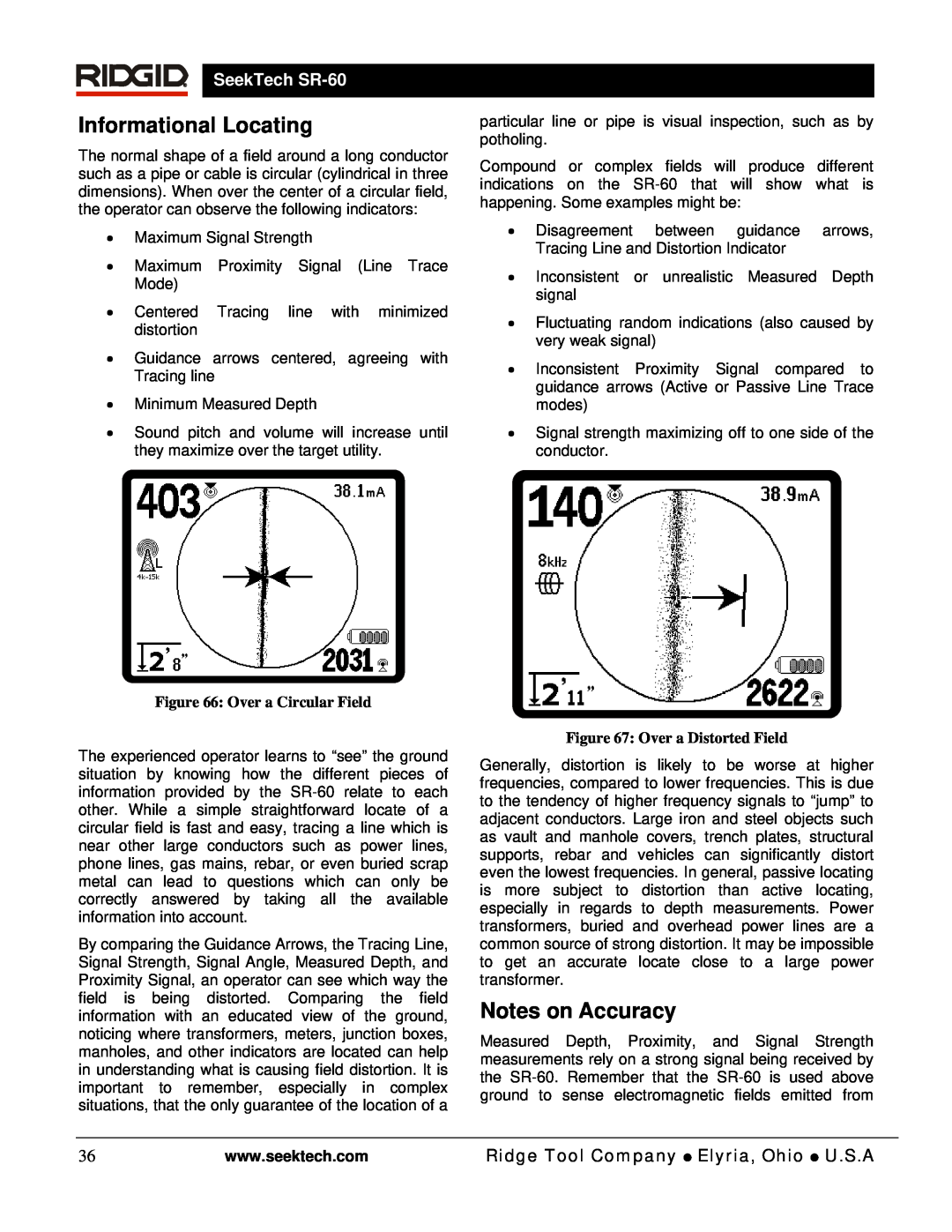 RIDGID manual Informational Locating, Notes on Accuracy, Over a Circular Field, Over a Distorted Field, SeekTech SR-60 