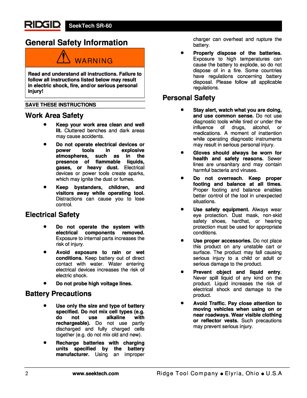 RIDGID SR-60 manual General Safety Information, Work Area Safety, Electrical Safety, Battery Precautions, Personal Safety 