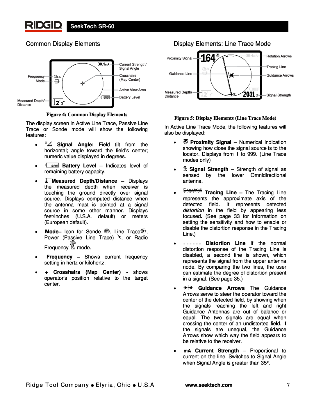 RIDGID manual Common Display Elements, Display Elements Line Trace Mode, SeekTech SR-60 