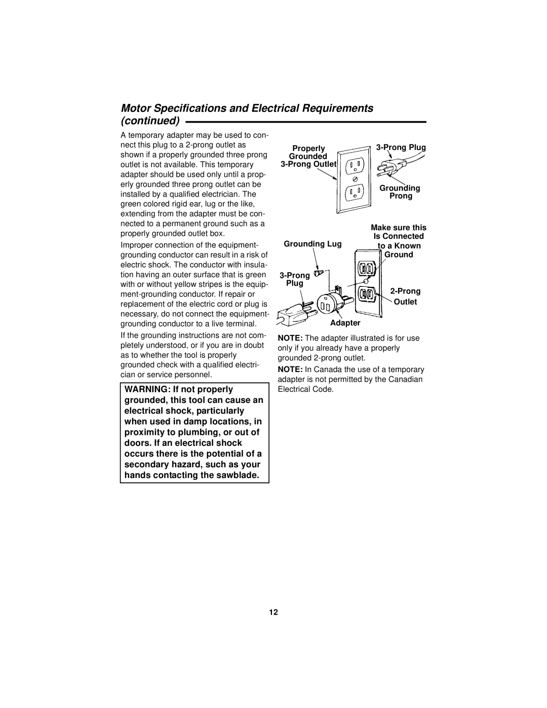 RIDGID Table Saw manual Motor Specifications and Electrical Requirements 