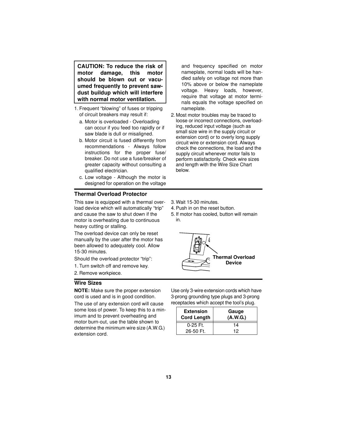 RIDGID Table Saw manual Thermal Overload Protector, Wire Sizes, Thermal Overload Device, Extension Gauge Cord Length 