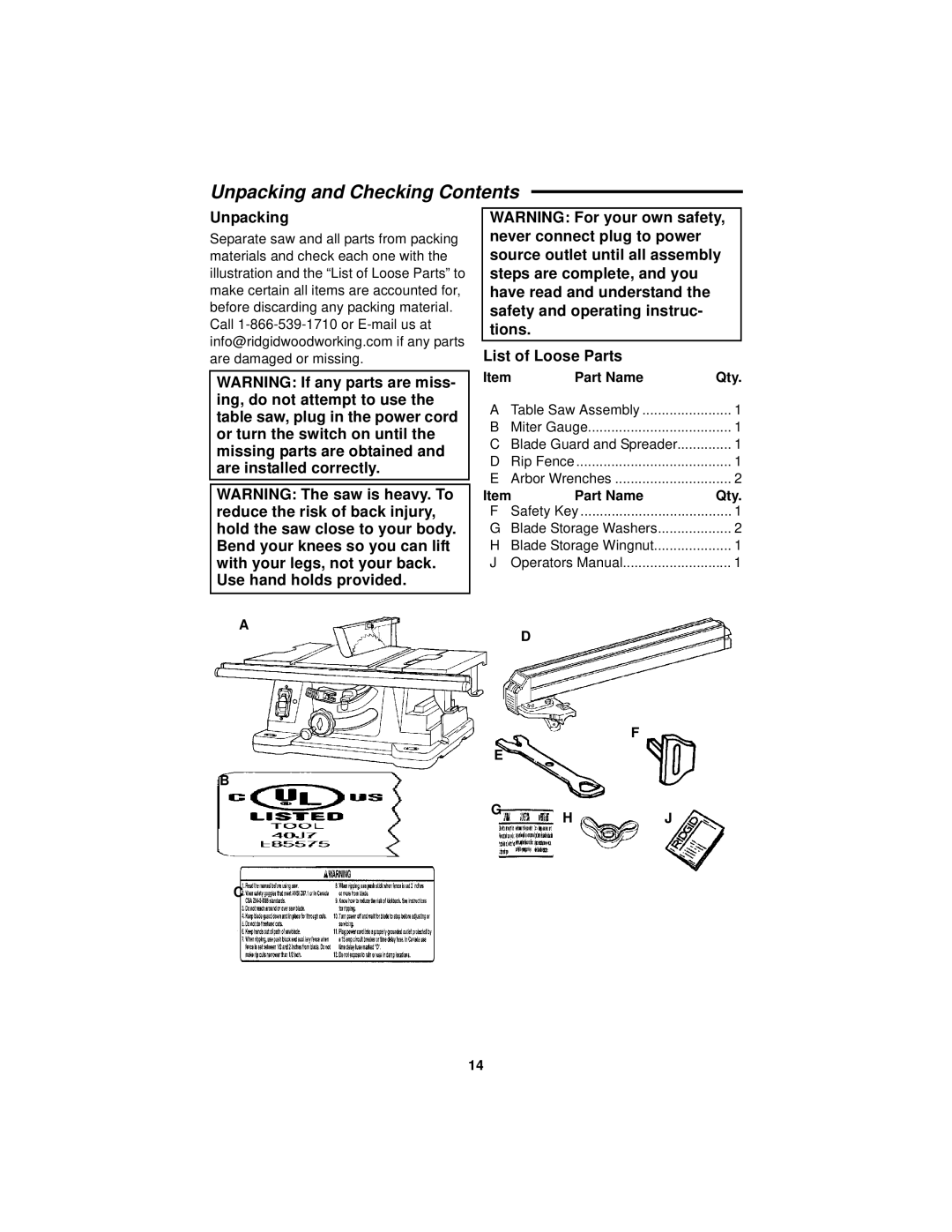 RIDGID Table Saw manual Unpacking and Checking Contents 