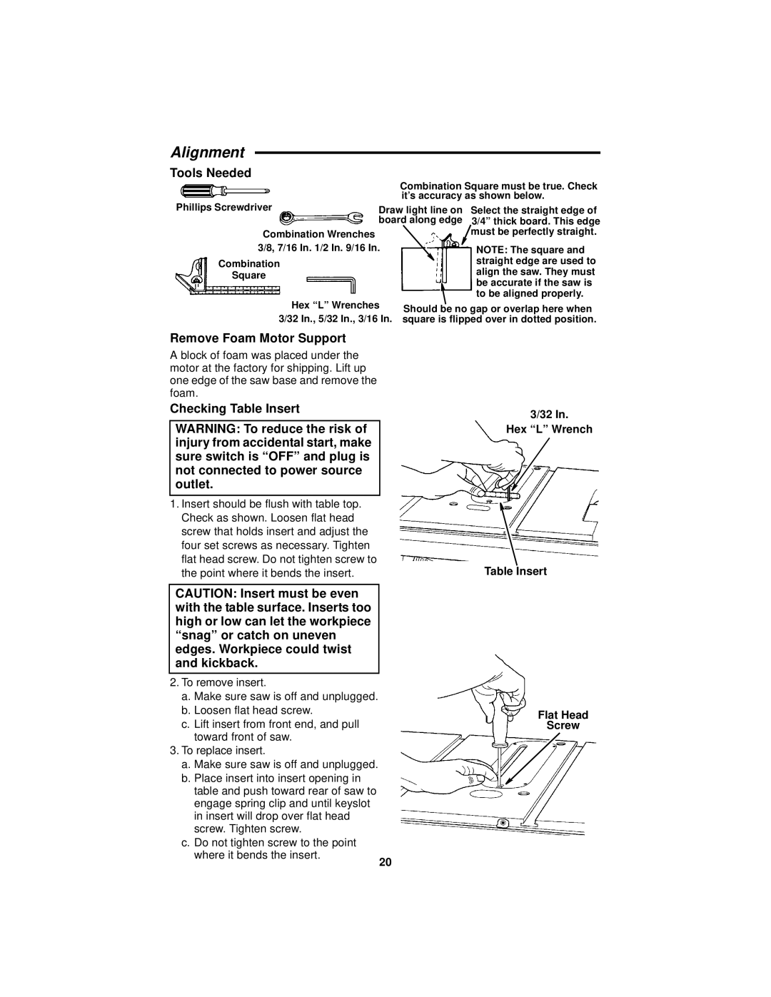 RIDGID Table Saw manual Alignment, Tools Needed, Remove Foam Motor Support, Checking Table Insert 