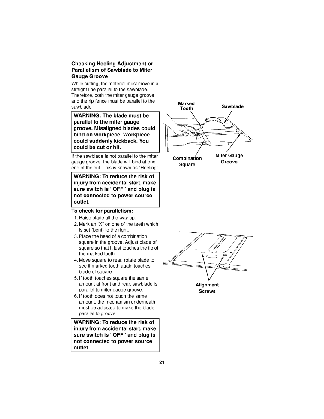 RIDGID Table Saw To check for parallelism, Marked ToothSawblade, Combination Miter Gauge, Square Groove, Alignment Screws 