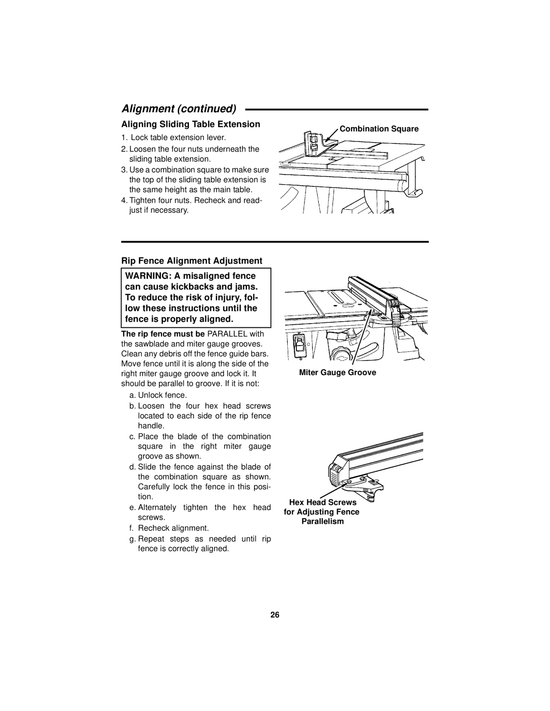 RIDGID Table Saw manual Aligning Sliding Table Extension, Rip Fence Alignment Adjustment, Combination Square 