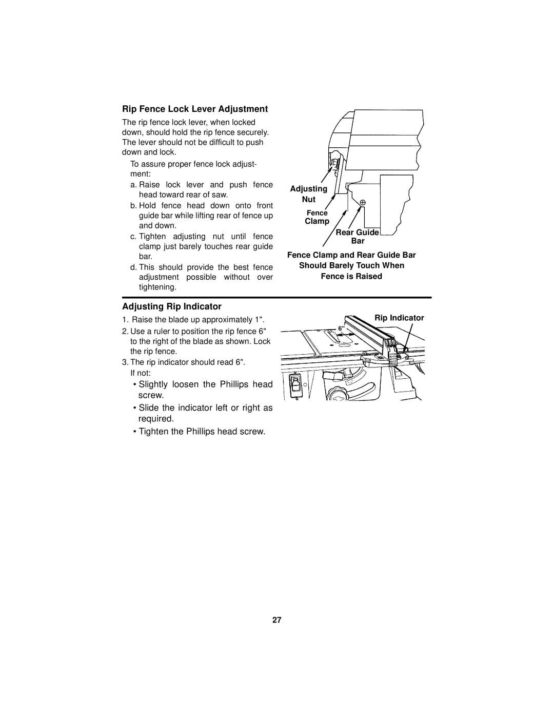 RIDGID Table Saw manual Rip Fence Lock Lever Adjustment, Adjusting Rip Indicator, Adjusting Nut 