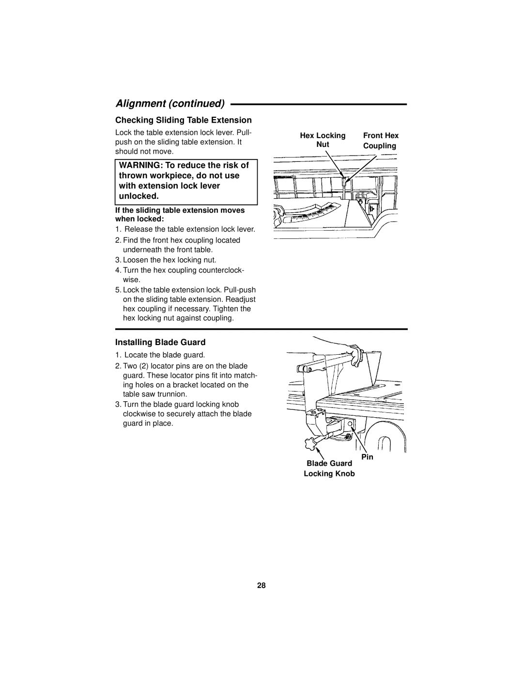 RIDGID Table Saw manual Checking Sliding Table Extension, Installing Blade Guard, Hex Locking Front Hex Nut Coupling 