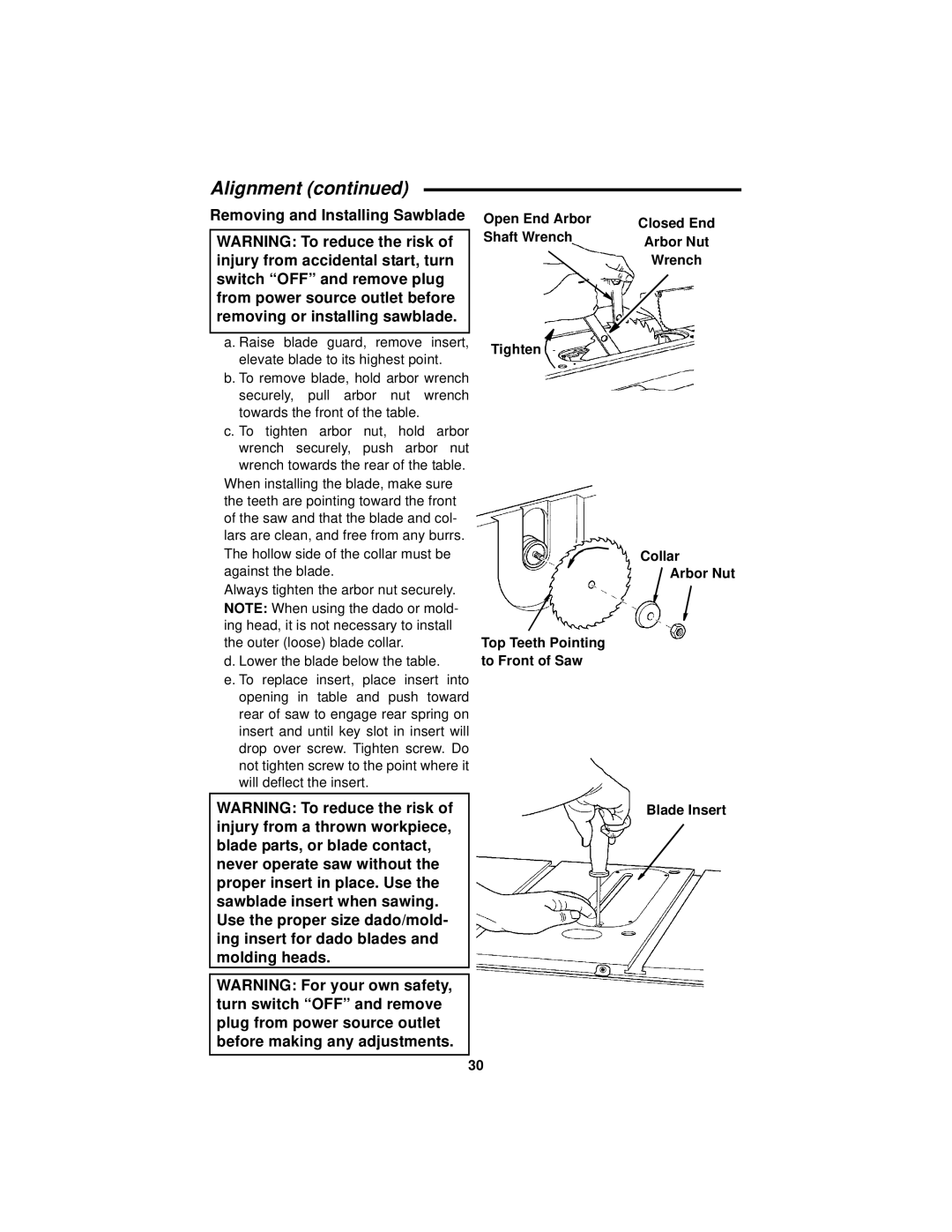 RIDGID Table Saw manual Removing and Installing Sawblade 