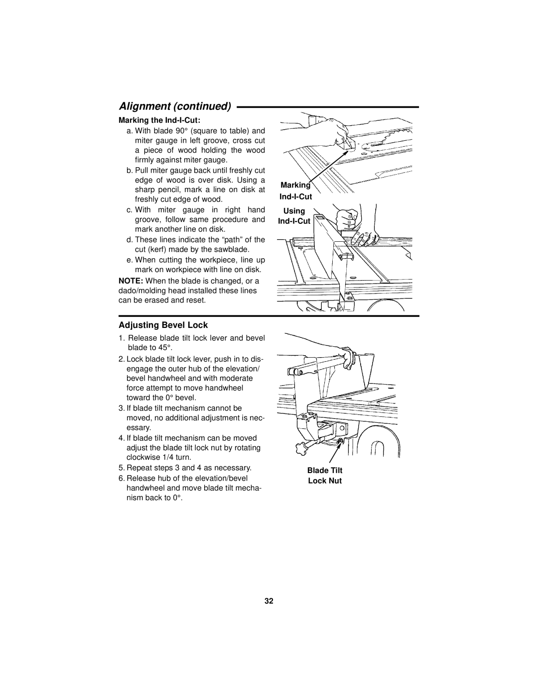 RIDGID Table Saw manual Adjusting Bevel Lock, Marking the Ind-I-Cut, Marking Ind-I-Cut Using, Blade Tilt Lock Nut 