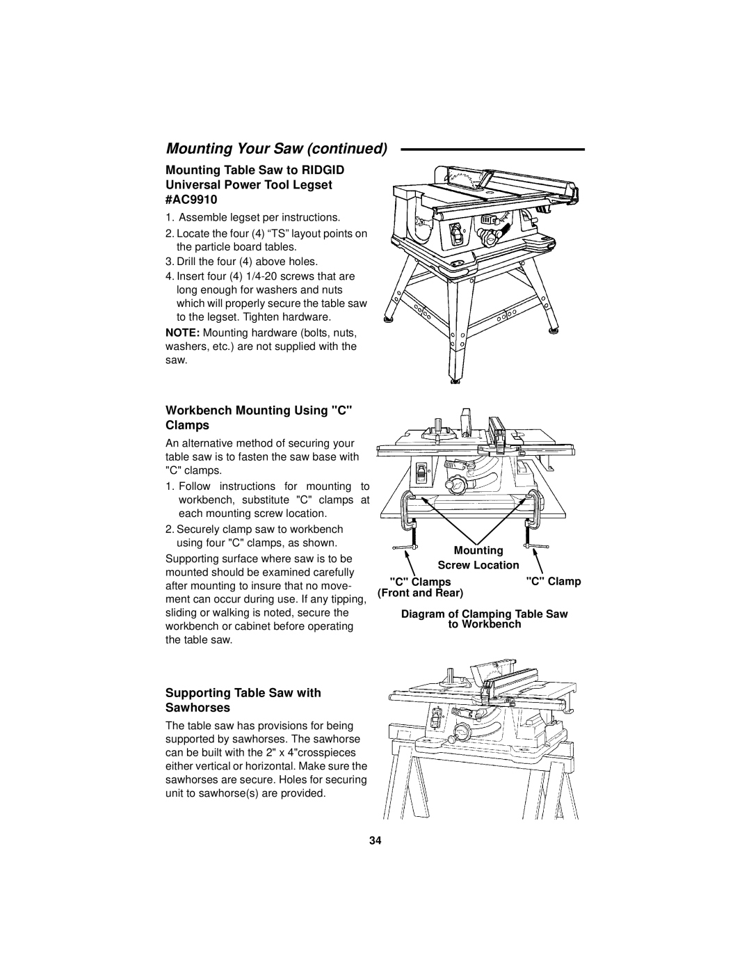 RIDGID manual Workbench Mounting Using C Clamps, Supporting Table Saw with Sawhorses 