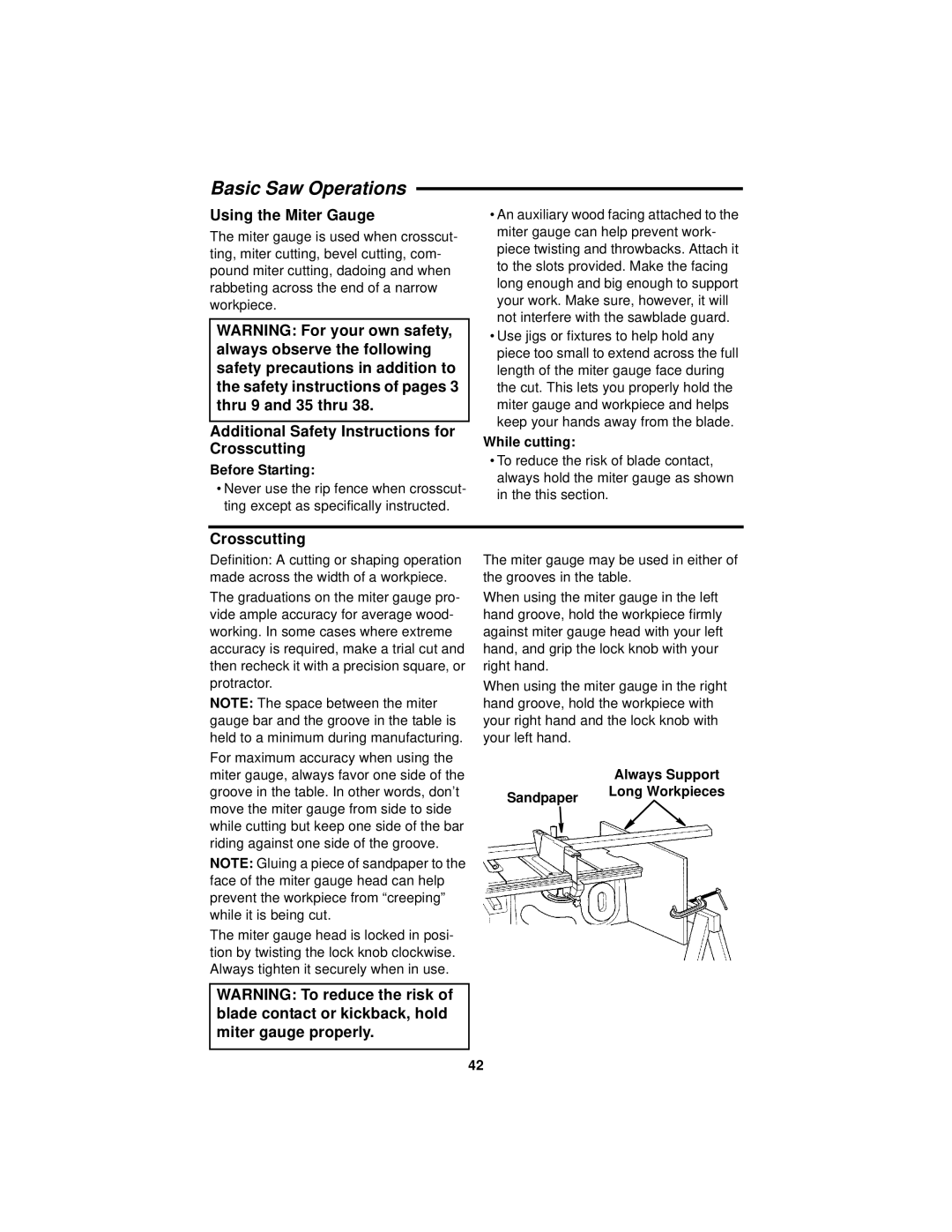 RIDGID Table Saw manual Basic Saw Operations, Using the Miter Gauge, Additional Safety Instructions for Crosscutting 