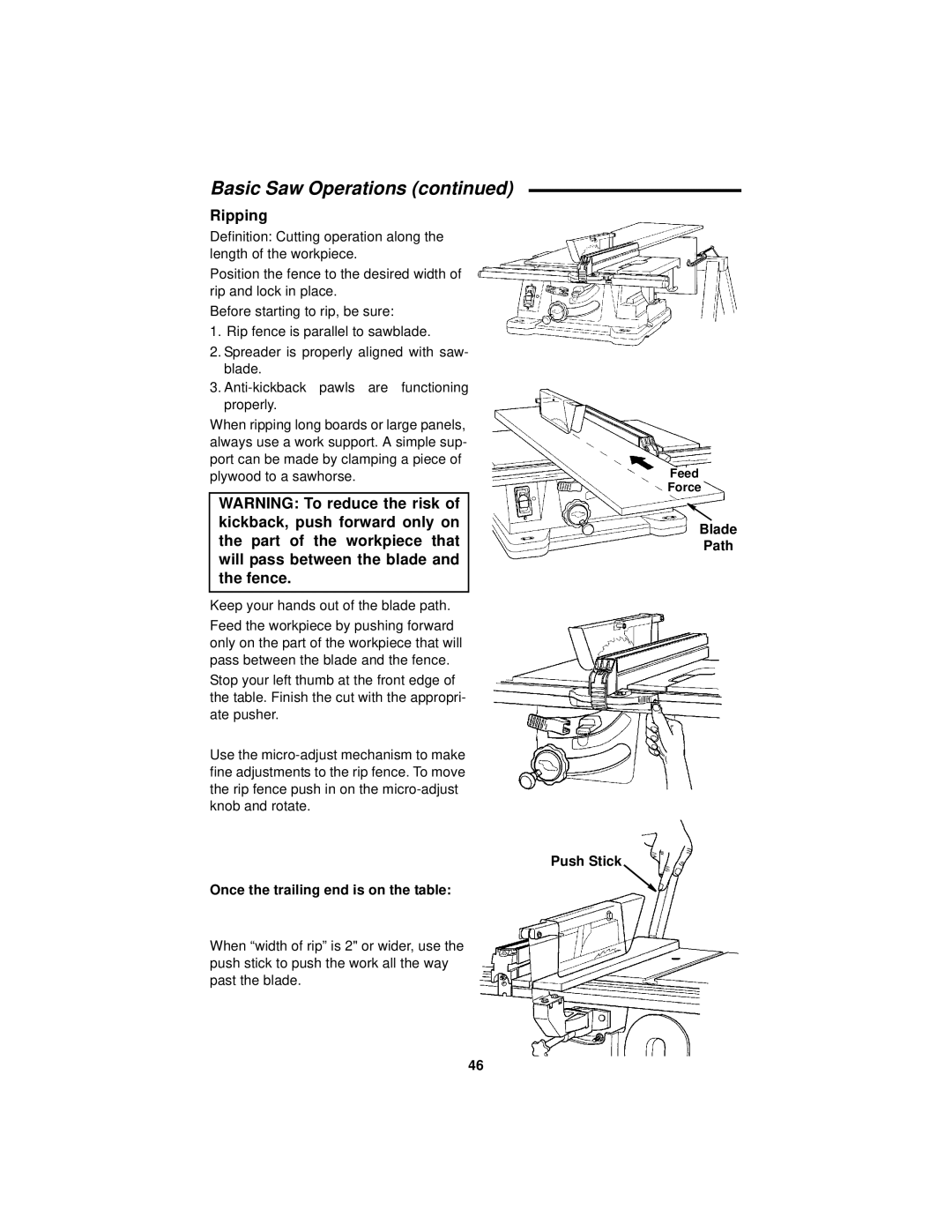 RIDGID Table Saw manual Ripping, Once the trailing end is on the table, Blade Path 