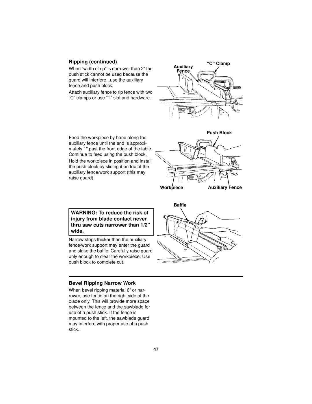 RIDGID Table Saw manual Bevel Ripping Narrow Work, Auxiliary Fence Clamp, Push Block Workpiece Auxiliary Fence Baffle 