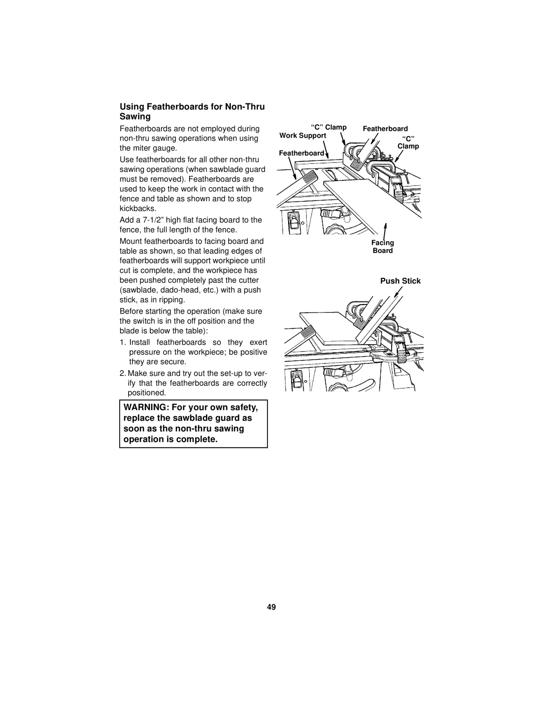 RIDGID Table Saw manual Using Featherboards for Non-Thru Sawing, Push Stick 