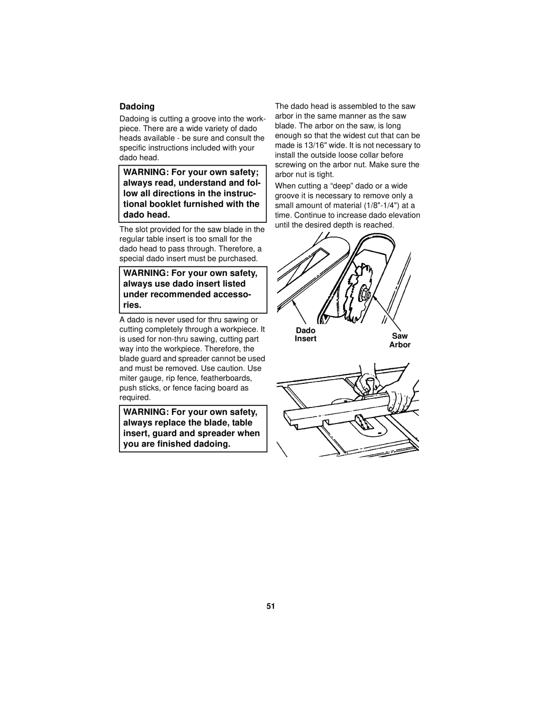 RIDGID Table Saw manual Dadoing, Dado InsertSaw Arbor 