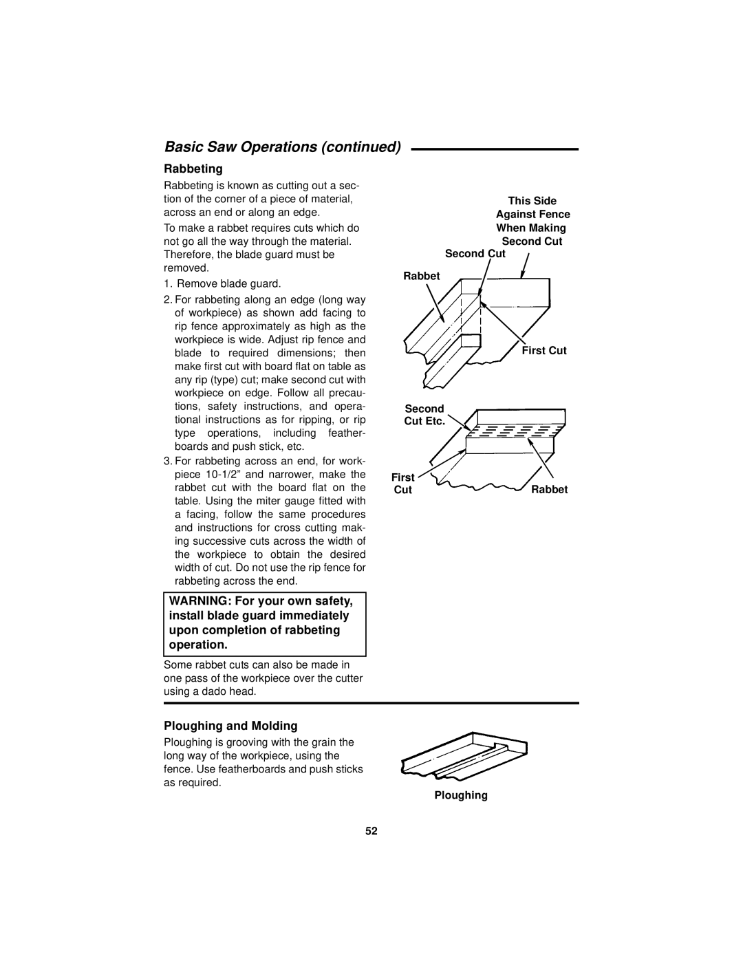 RIDGID Table Saw manual Rabbeting, Ploughing and Molding 