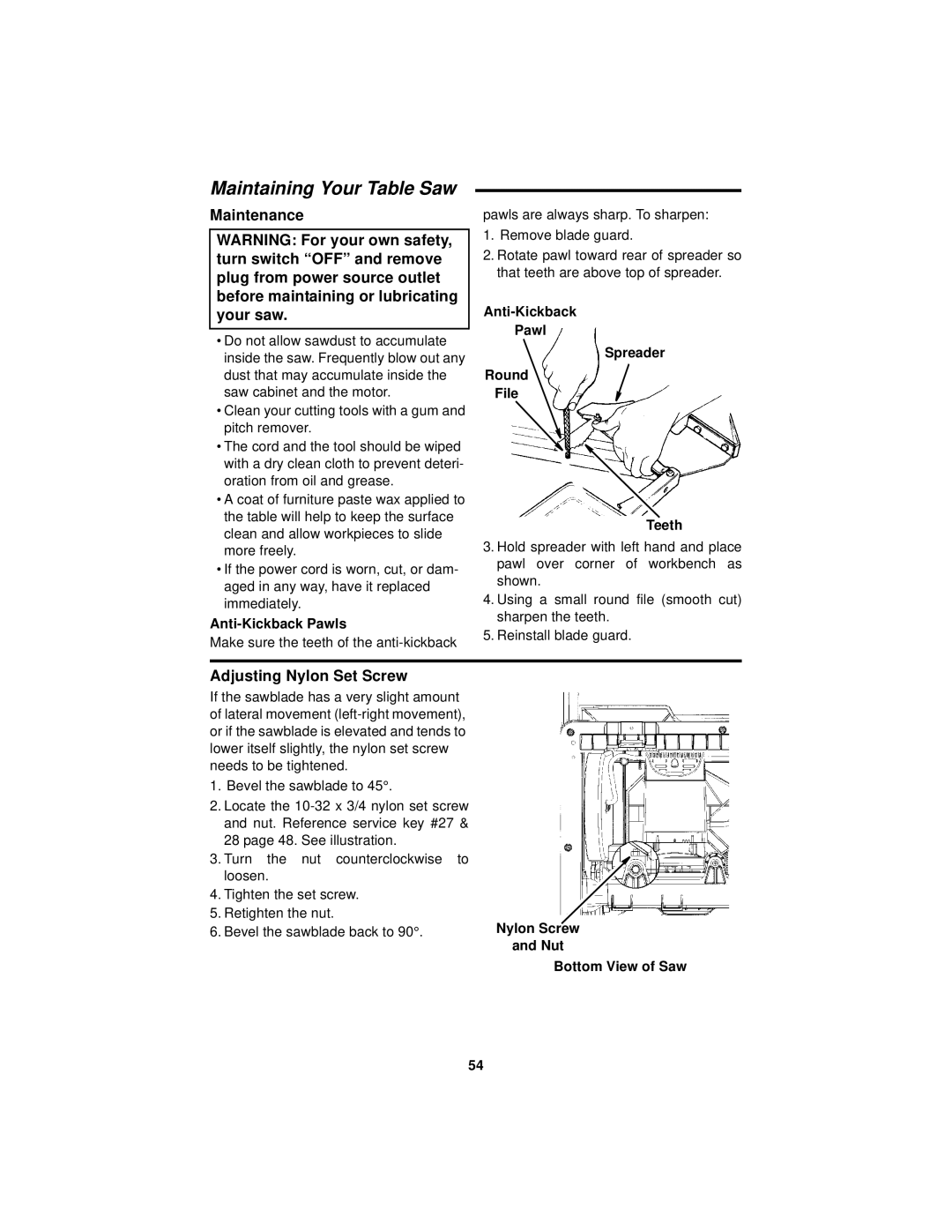 RIDGID manual Maintaining Your Table Saw, Maintenance, Adjusting Nylon Set Screw 