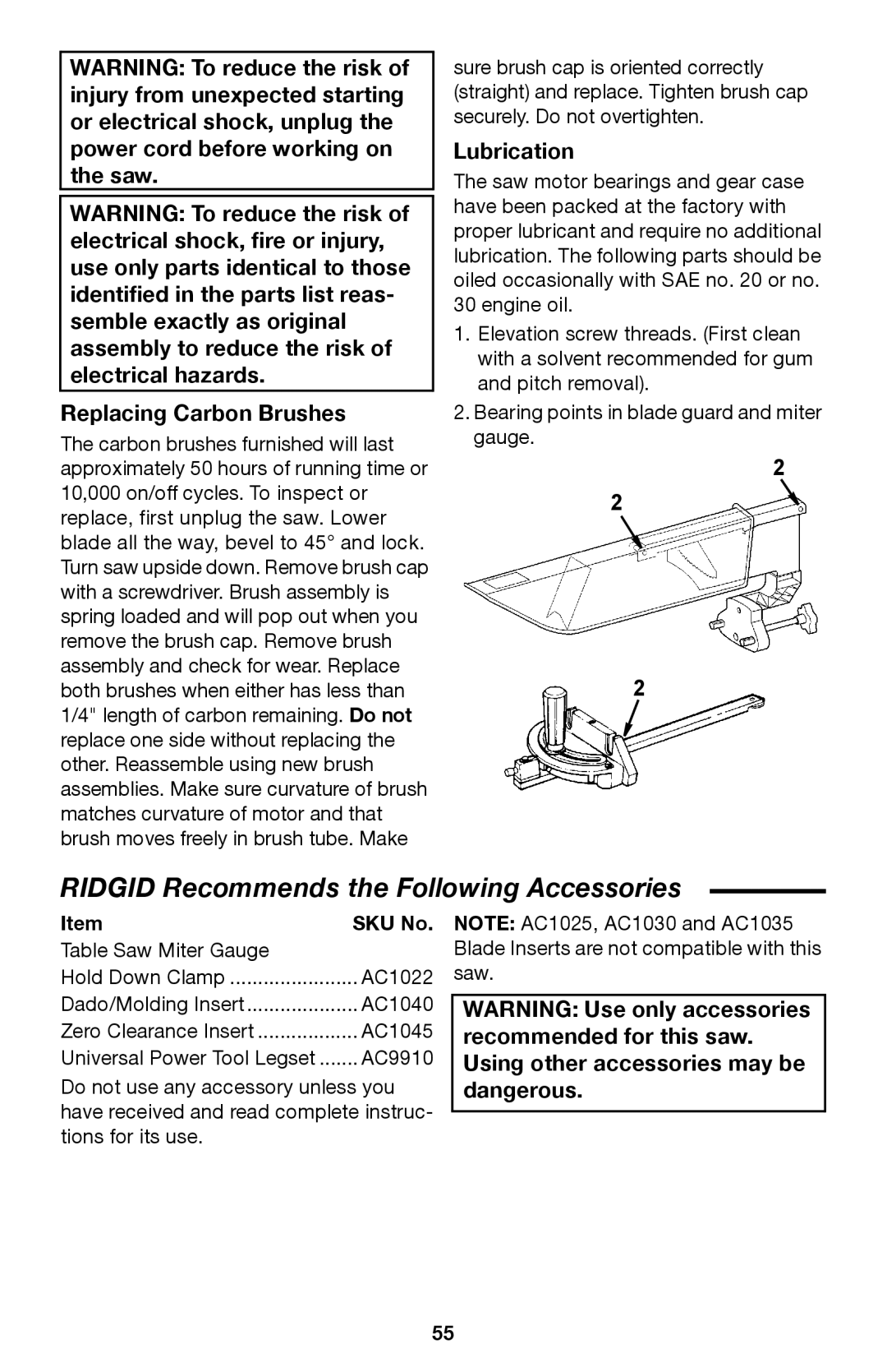 RIDGID Table Saw manual Ofadfa=oÉÅçããÉåÇë=íÜÉ=cçääçïáåÖ=ÅÅÉëëçêáÉë 