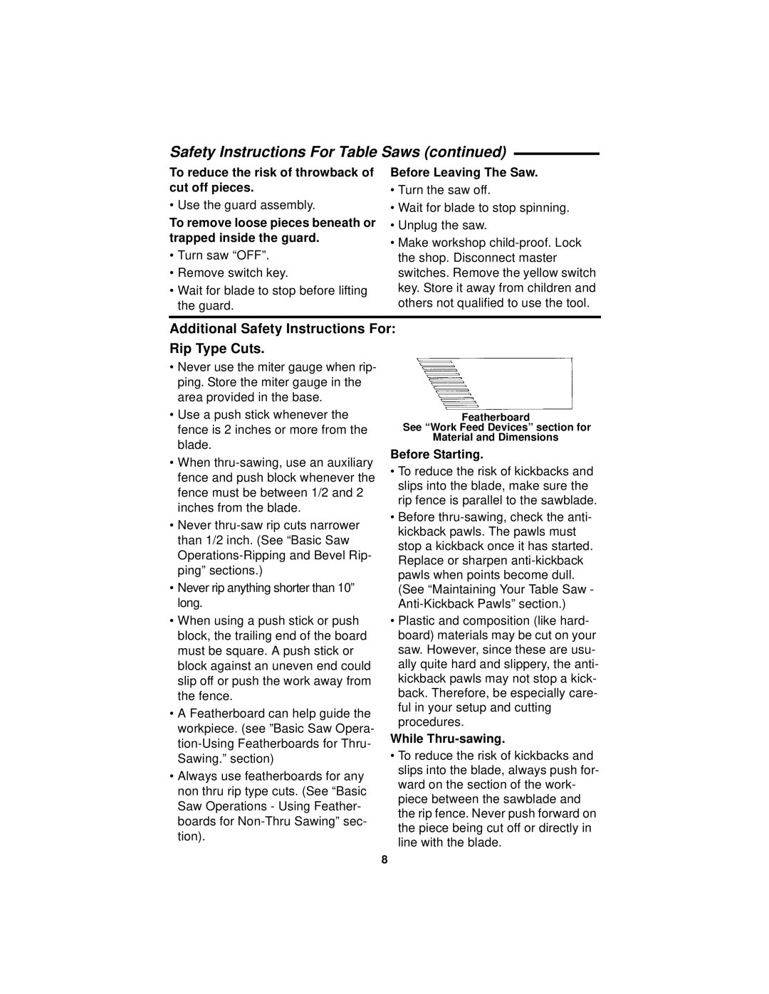 RIDGID Table Saw manual To reduce the risk of throwback of cut off pieces, Before Leaving The Saw, Before Starting 