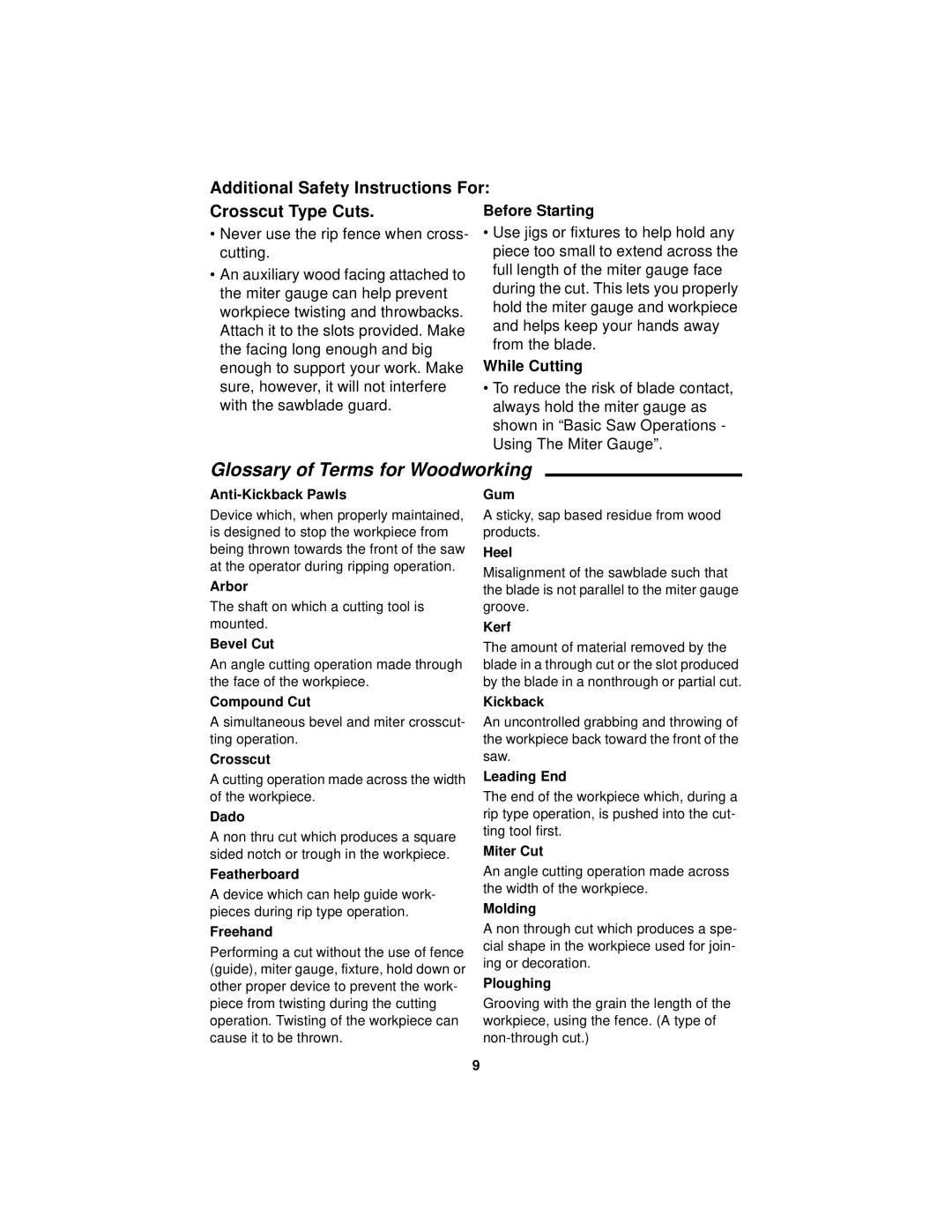 RIDGID Table Saw manual Glossary of Terms for Woodworking, While Cutting 