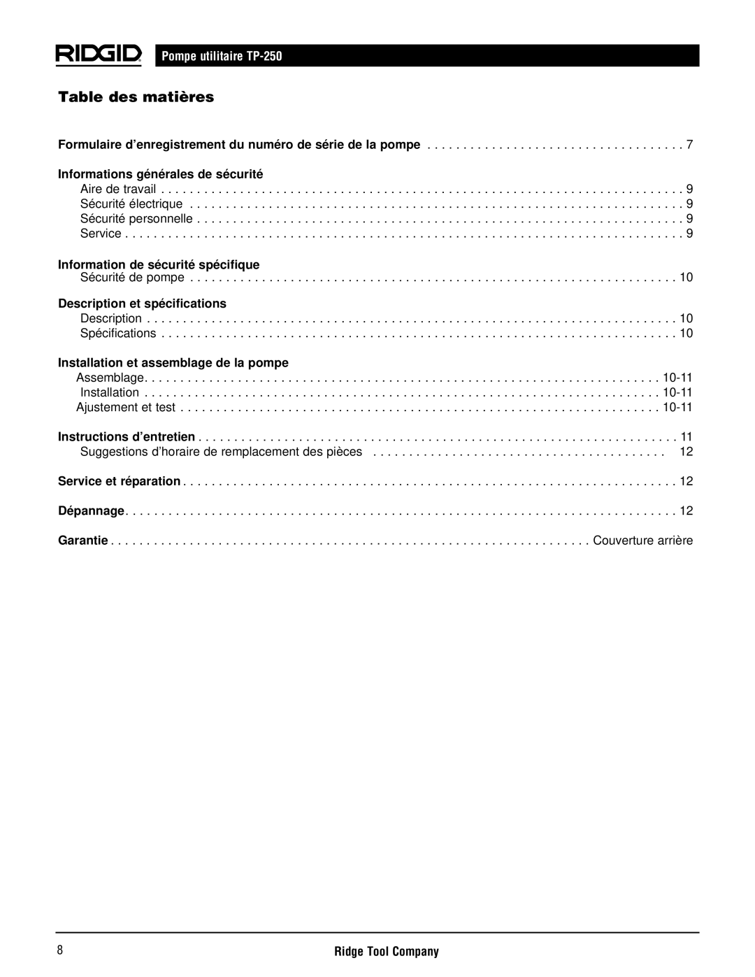 RIDGID TP-250 manual Table des matières 