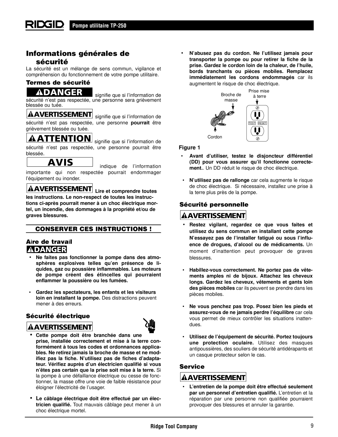 RIDGID TP-250 manual Termes de sécurité, Aire de travail, Sécurité électrique, Sécurité personnelle 