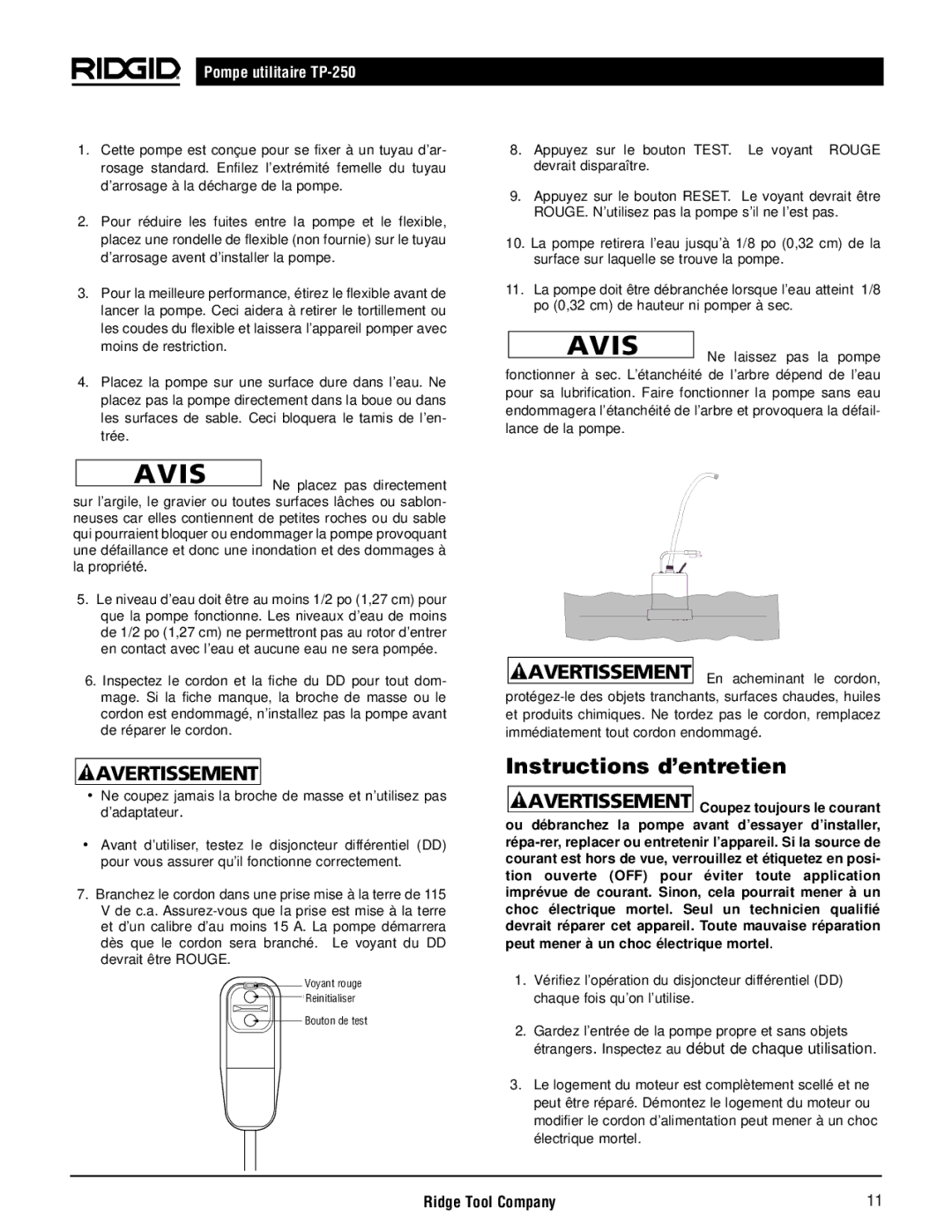 RIDGID TP-250 manual Instructions d’entretien 