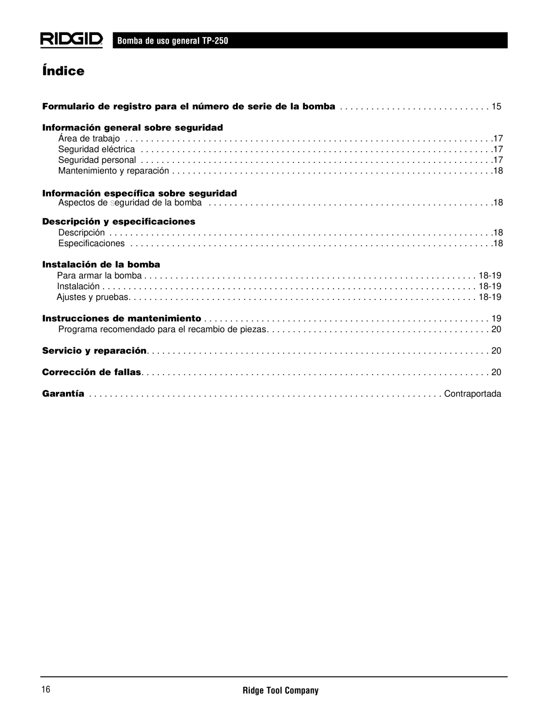 RIDGID TP-250 manual Índice, Información general sobre seguridad 