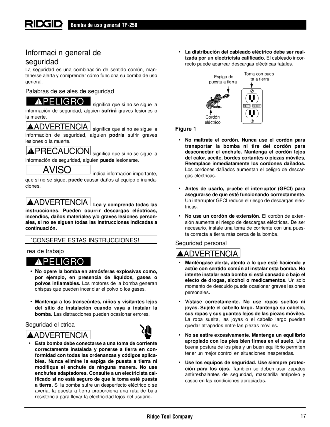 RIDGID TP-250 Información general de seguridad, Palabras de señales de seguridad, Área de trabajo, Seguridad eléctrica 