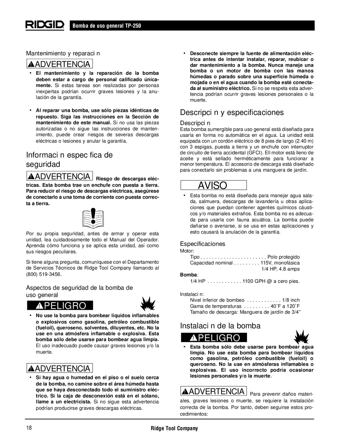 RIDGID TP-250 manual Información específica de seguridad, Descripción y especificaciones, Instalación de la bomba 