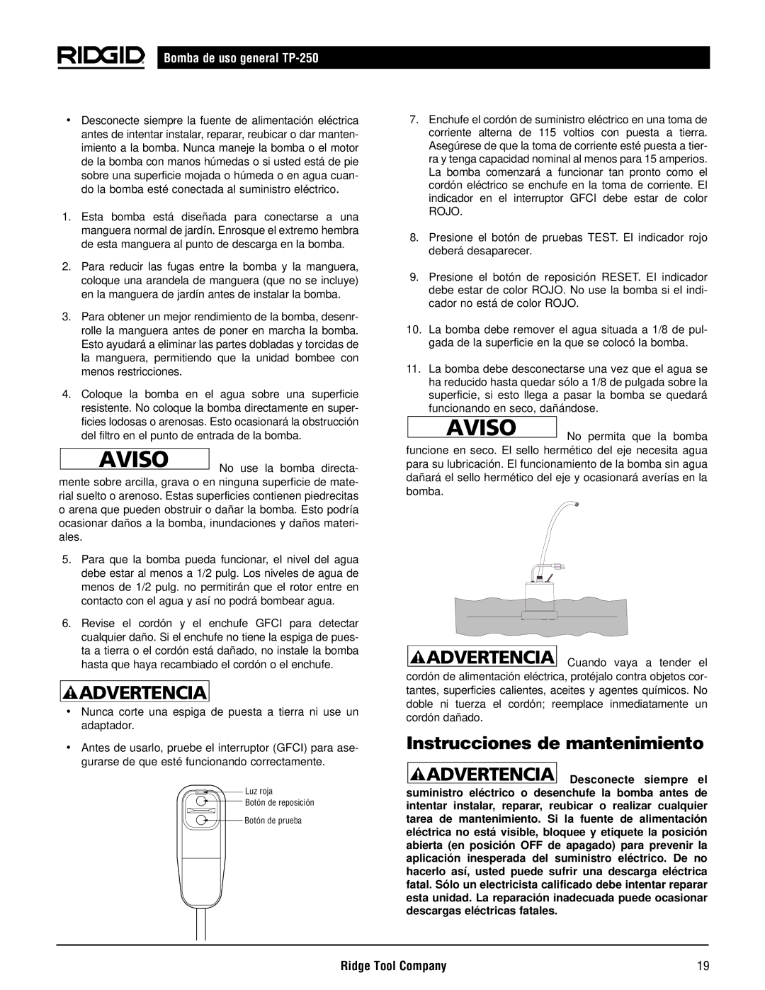 RIDGID TP-250 manual Instrucciones de mantenimiento 