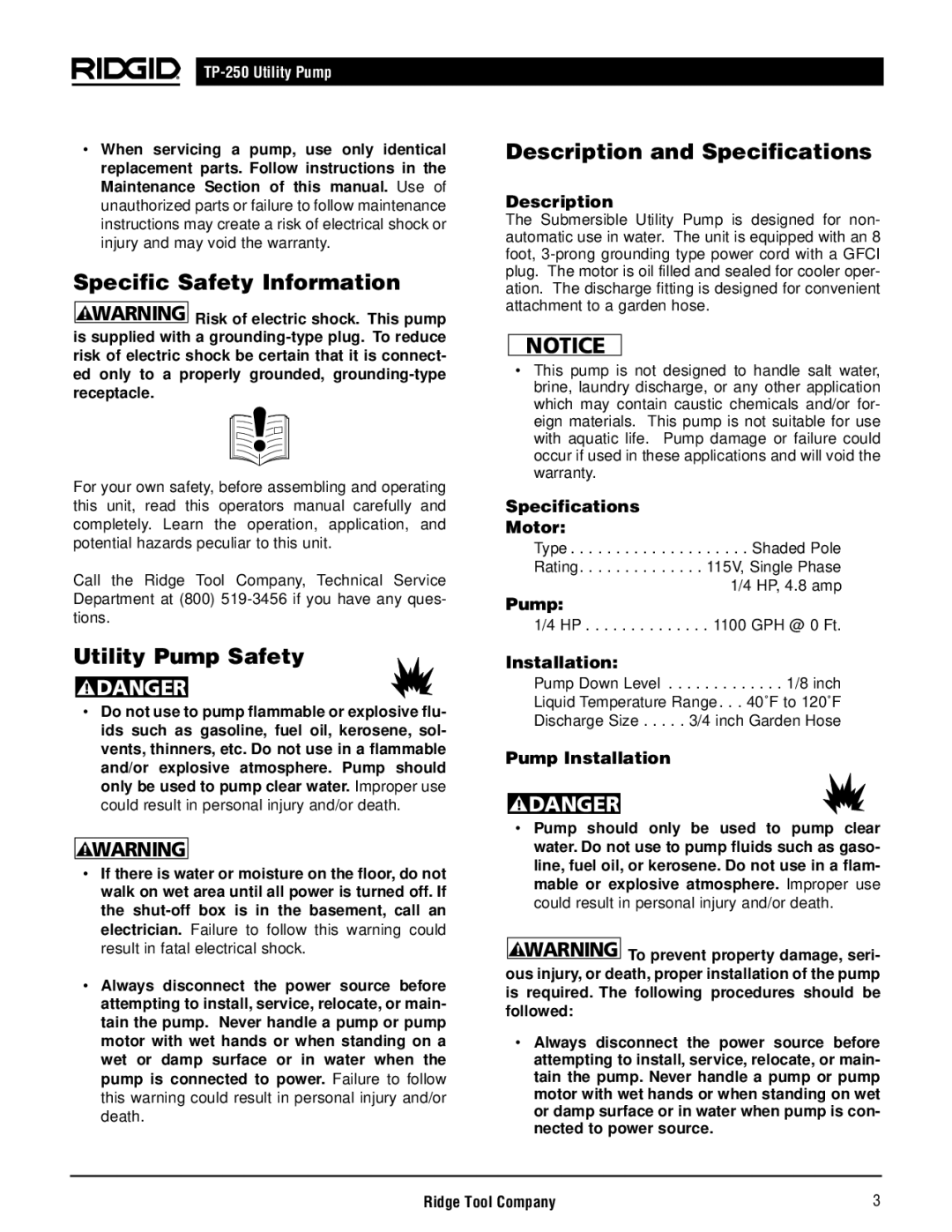 RIDGID TP-250 manual Specific Safety Information, Utility Pump Safety, Description and Specifications 