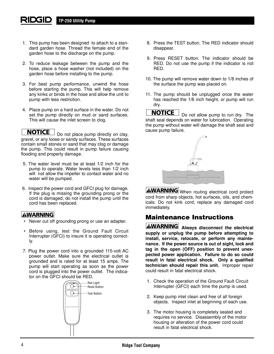 RIDGID manual Maintenance Instructions, TP-250Utility Pump 