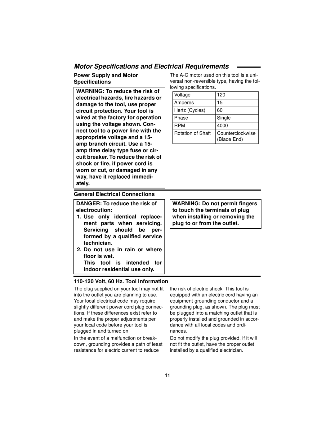 RIDGID TS 2400 manual Motor Specifications and Electrical Requirements 