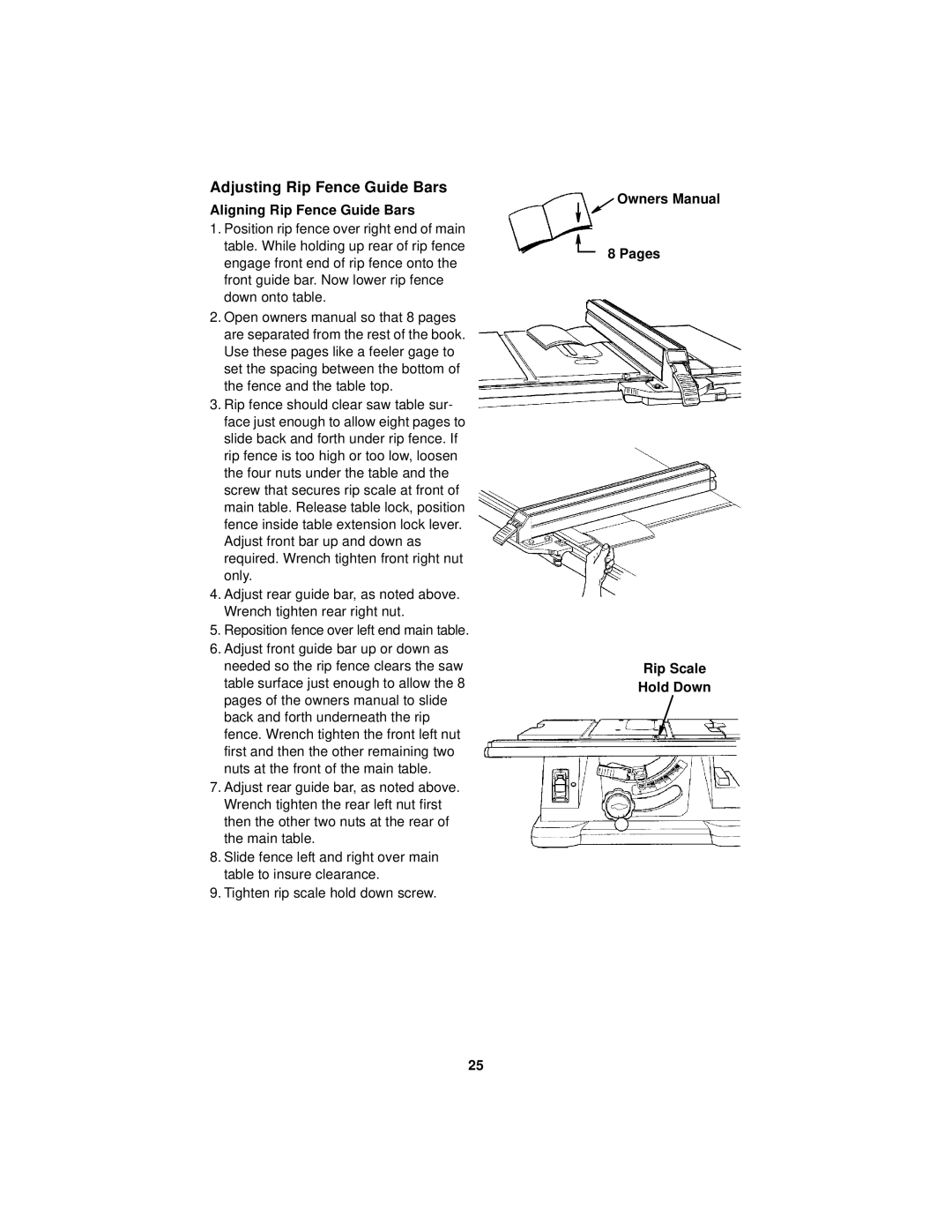 RIDGID TS 2400 manual Adjusting Rip Fence Guide Bars, Aligning Rip Fence Guide Bars, Pages Rip Scale Hold Down 