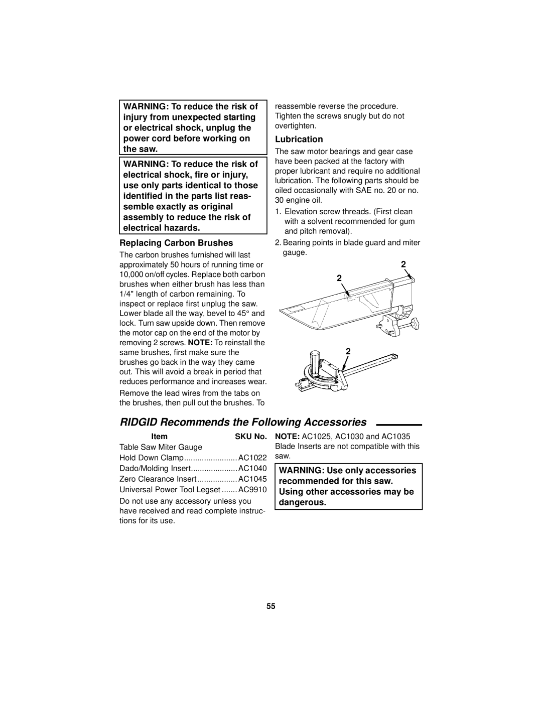 RIDGID TS 2400 manual Ridgid Recommends the Following Accessories, Replacing Carbon Brushes, Lubrication, SKU No 