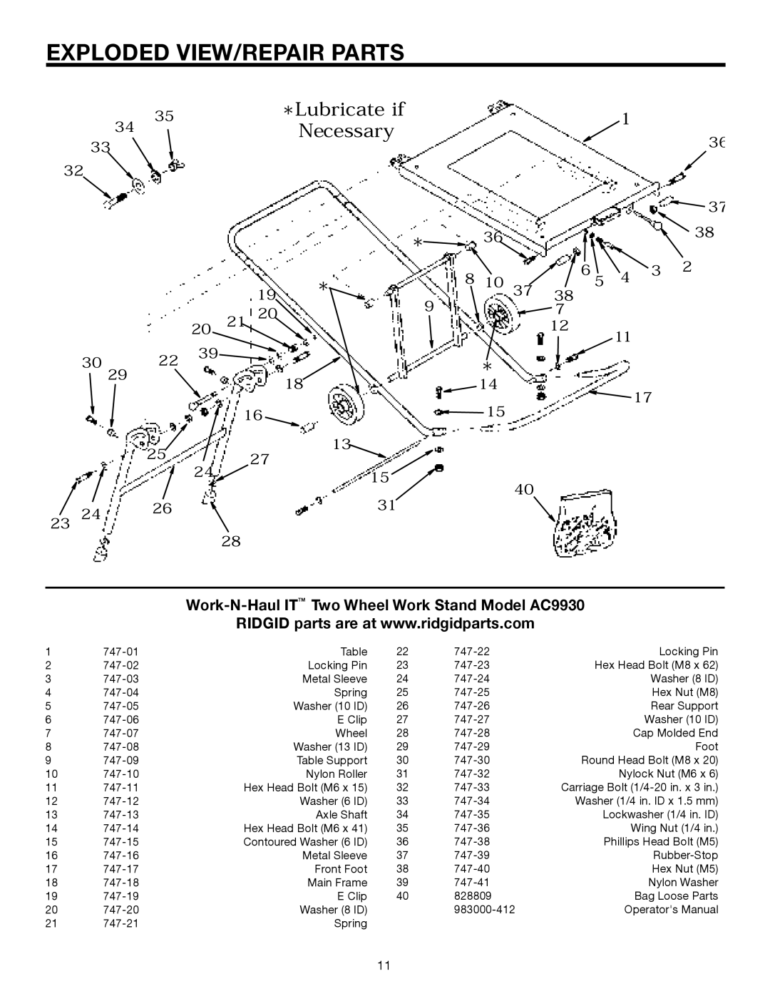 RIDGID TS2400 manual Exploded VIEW/REPAIR Parts, Work-N-Haul Ittm Two Wheel Work Stand Model AC9930 