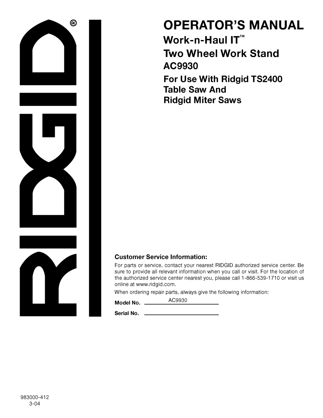 RIDGID TS2400, AC9930 manual Customer Service Information 