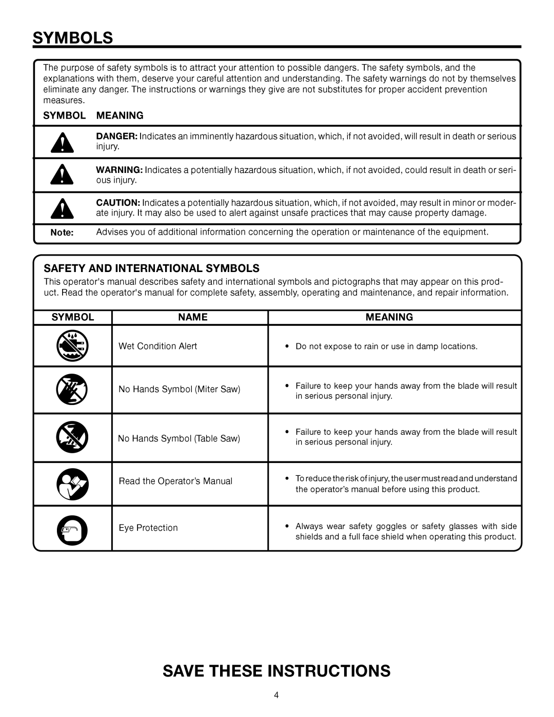 RIDGID TS2400, AC9930 manual Safety and International Symbols 