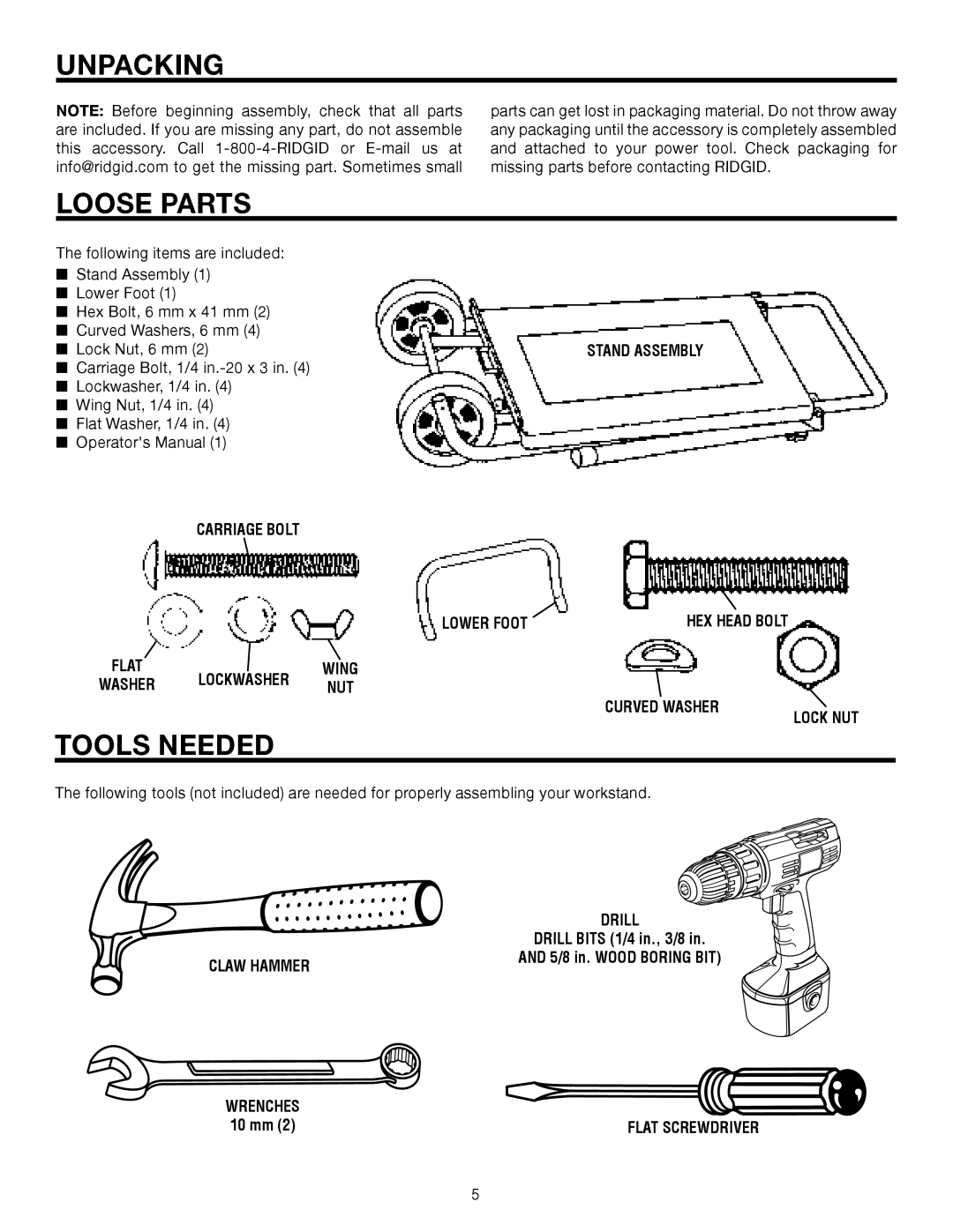 RIDGID AC9930, TS2400 manual Unpacking, Loose Parts, Tools Needed 